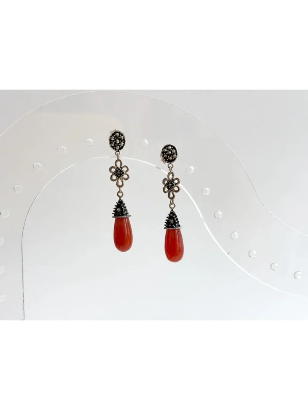 Art Deco Red Coral & Marcasite Floral Teardrop Vintage Sterling Silver Earrings